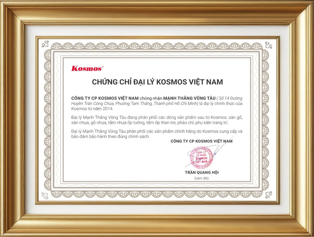 Chứng chỉ chứng nhận Mạnh Thắng Vũng Tàu là đại lý Kosmos tại Thành phố Hồ Chí Minh