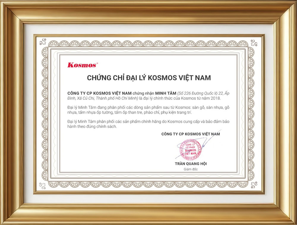 Chứng chỉ chứng nhận Minh Tâm là đại lý Kosmos tại Thành phố Hồ Chí Minh