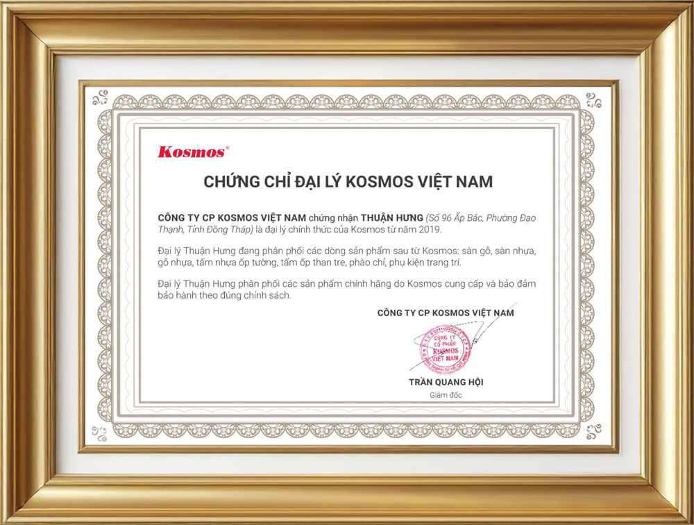 Chứng chỉ chứng nhận Thuận Hưng là đại lý Kosmos tại Đồng Tháp