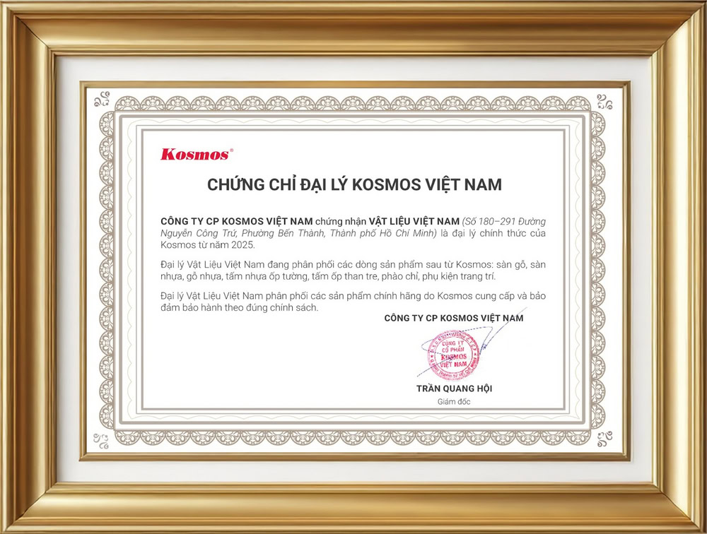 Chứng chỉ chứng nhận Vật Liệu Việt Nam là đại lý Kosmos tại Thành phố Hồ Chí Minh