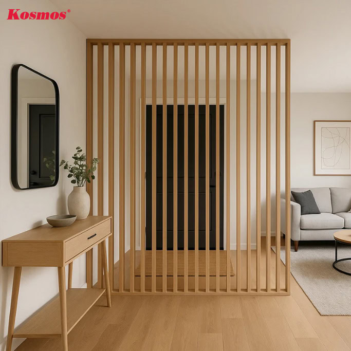 Công trình dùng lam gỗ hình trụ trong phòng khách