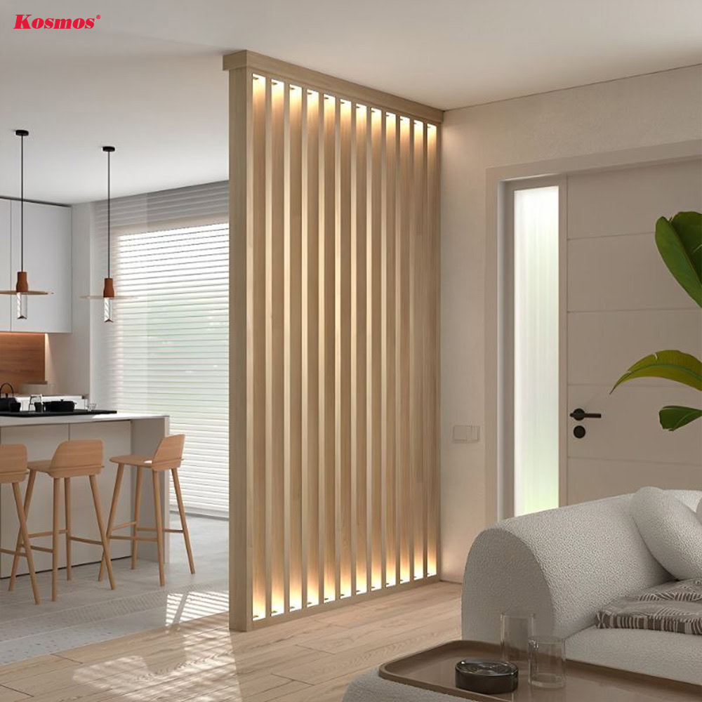 Công trình dùng lam gỗ kết hợp đèn LED trong phòng khách