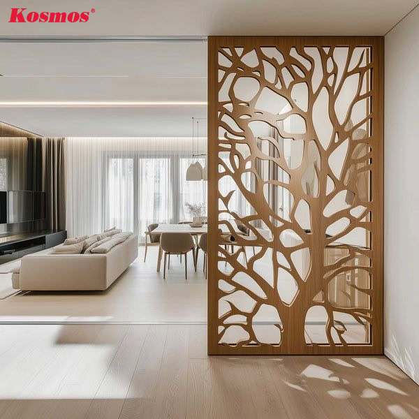 Công trình phòng khách chia không gian bằng tấm gỗ CNC