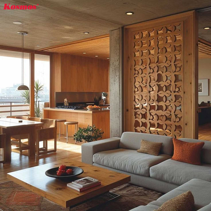 Công trình phòng khách ốp tấm vách ngăn gỗ CNC