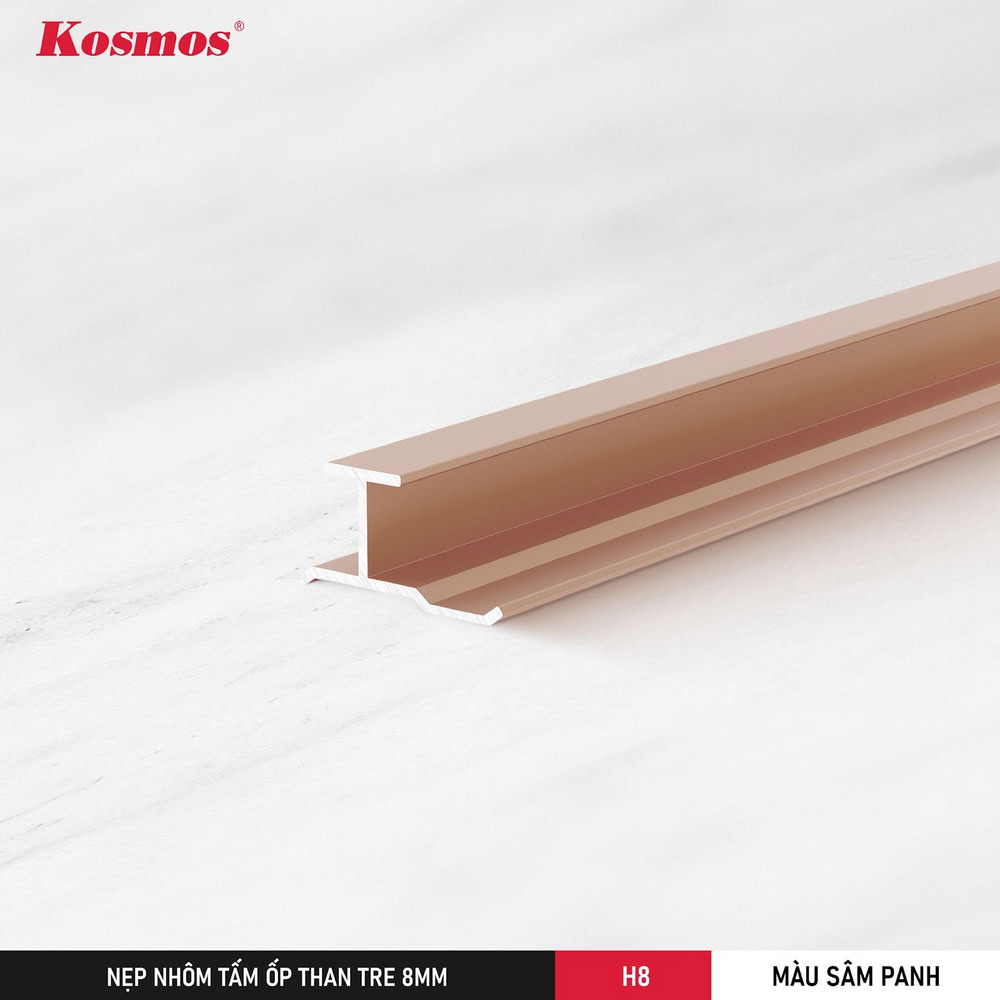 H8-SP là nẹp H nối, tạo đường chỉ trang trí màu sâm panh trên bề mặt tấm ốp than tre 8mm