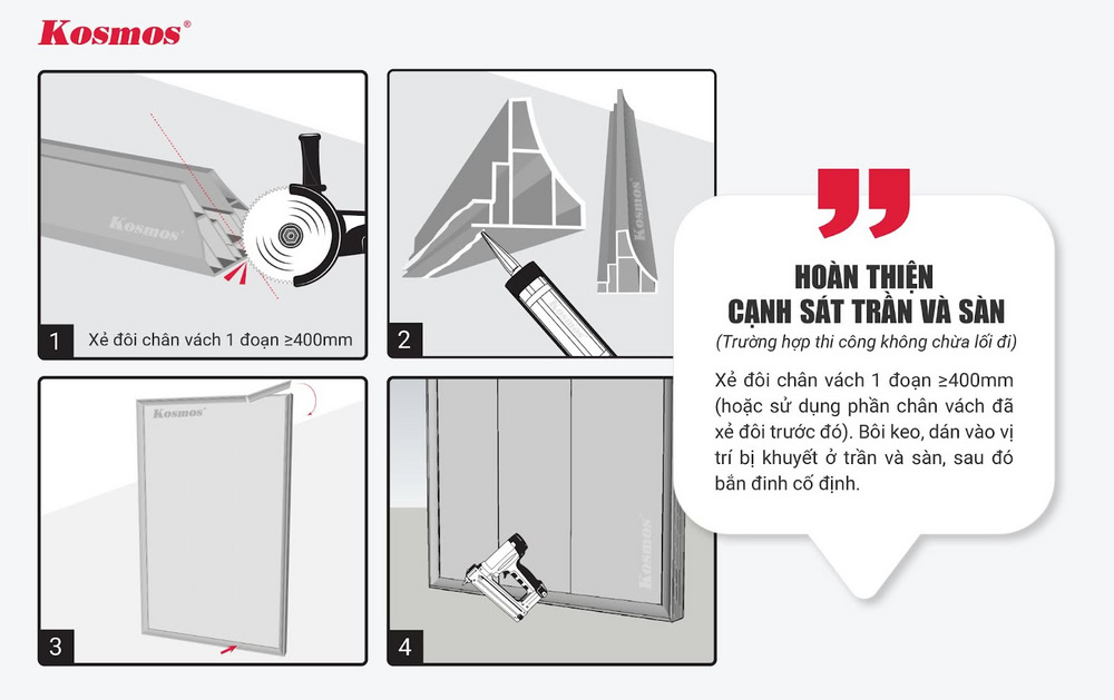 Hướng dẫn cách cố định chân vách ngăn cuối cùng, trên trần và sàn, trong trường hợp thi công không chừa lối đi