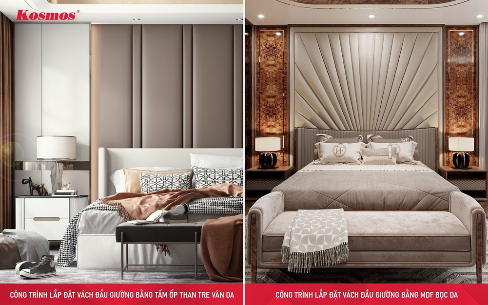 Khó phân biệt vách ốp đầu giường từ tấm ốp than tre vân da và tấm MDF bọc da Khó phân biệt vách ốp đầu giường từ tấm ốp than tre vân da và tấm MDF bọc da