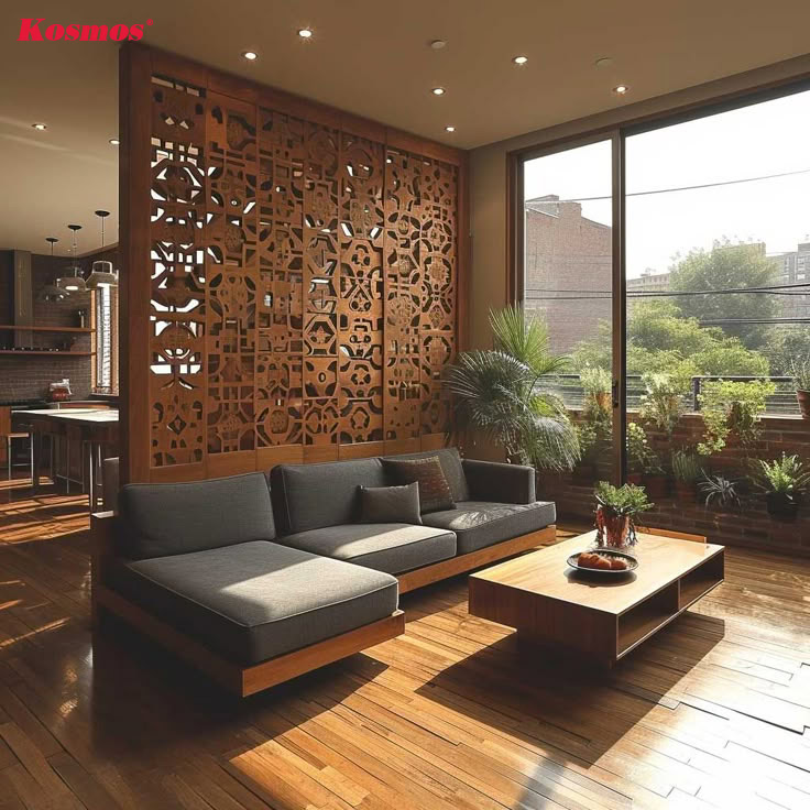 Phòng khách tân cổ điển lắp đặt vách ngăn gỗ CNC