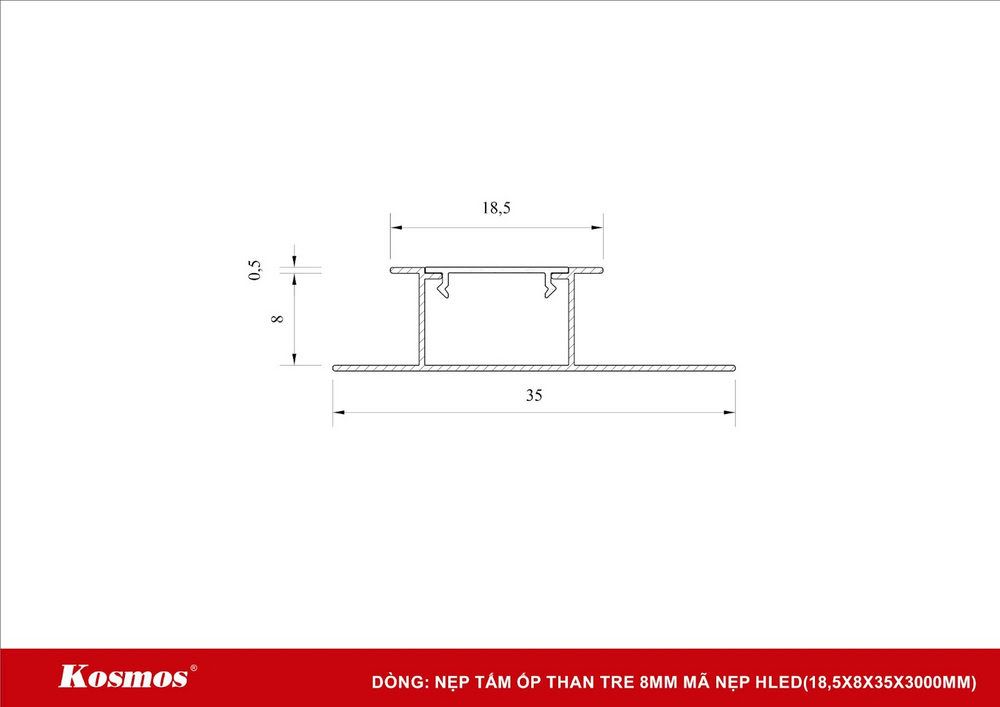Size of LED H-shaped strip with code HLED of 8mm bamboo charcoal panel