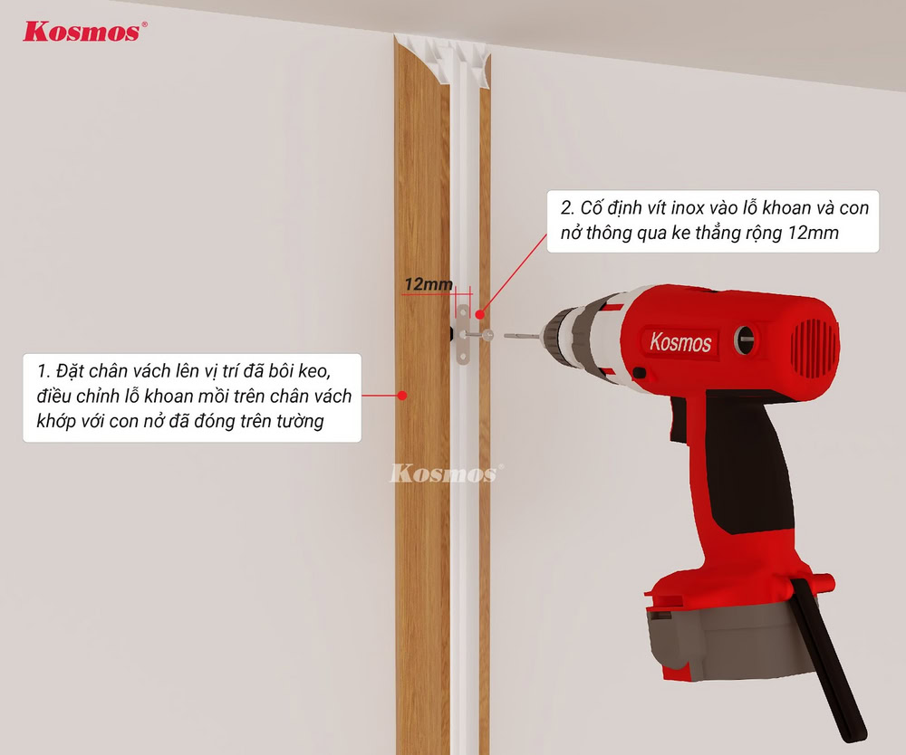 Lắp đặt và siết bu lông/bắn vít để cố định chân vách với ke thẳng