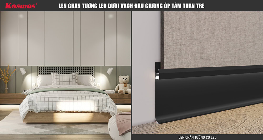 Len chân tường LED dưới vách đầu giường ốp tấm than tre Len chân tường LED dưới vách đầu giường ốp tấm than tre