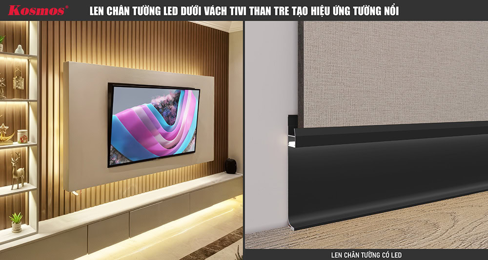 Len chân tường LED dưới vách tivi than tre Len chân tường LED dưới vách tivi than tre