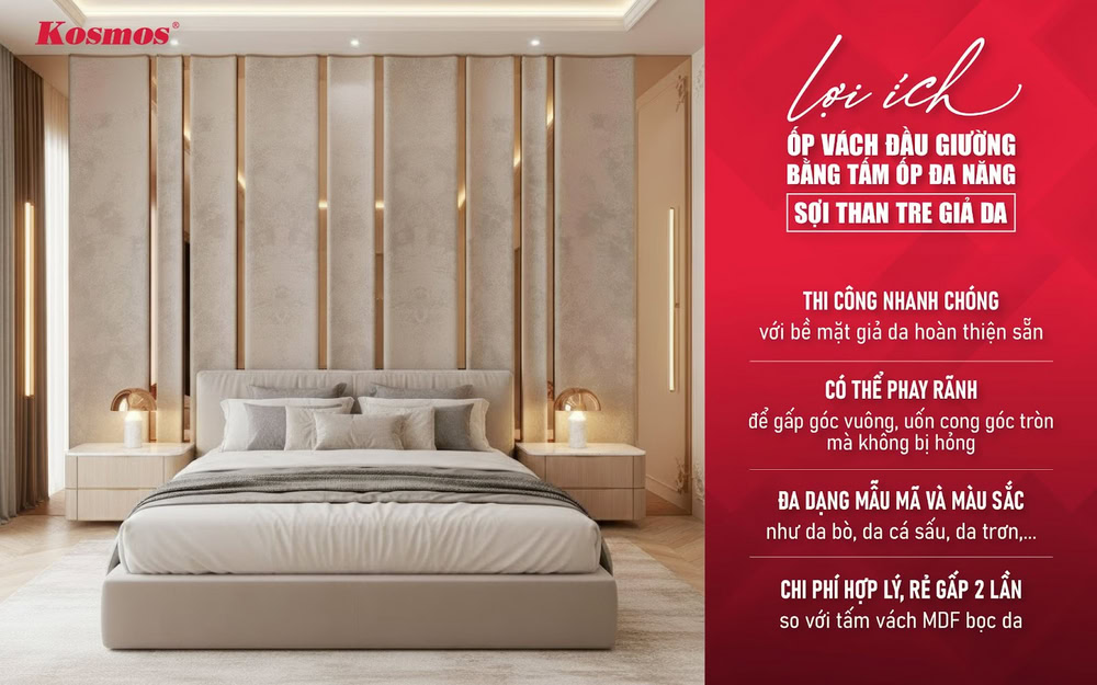 Lợi ích khi ốp vách đầu giường bằng tấm ốp đa năng sợi than tre giả da