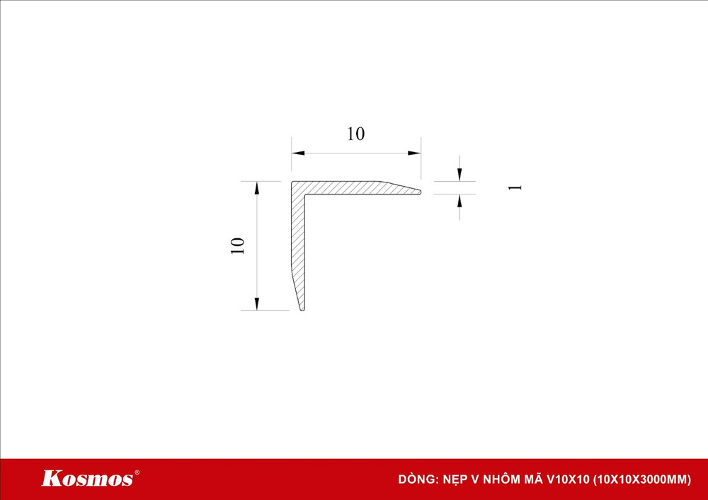 Mặt cắt nẹp nhôm chữ V 10x10mm Kosmos Mặt cắt nẹp nhôm chữ V 10x10mm Kosmos