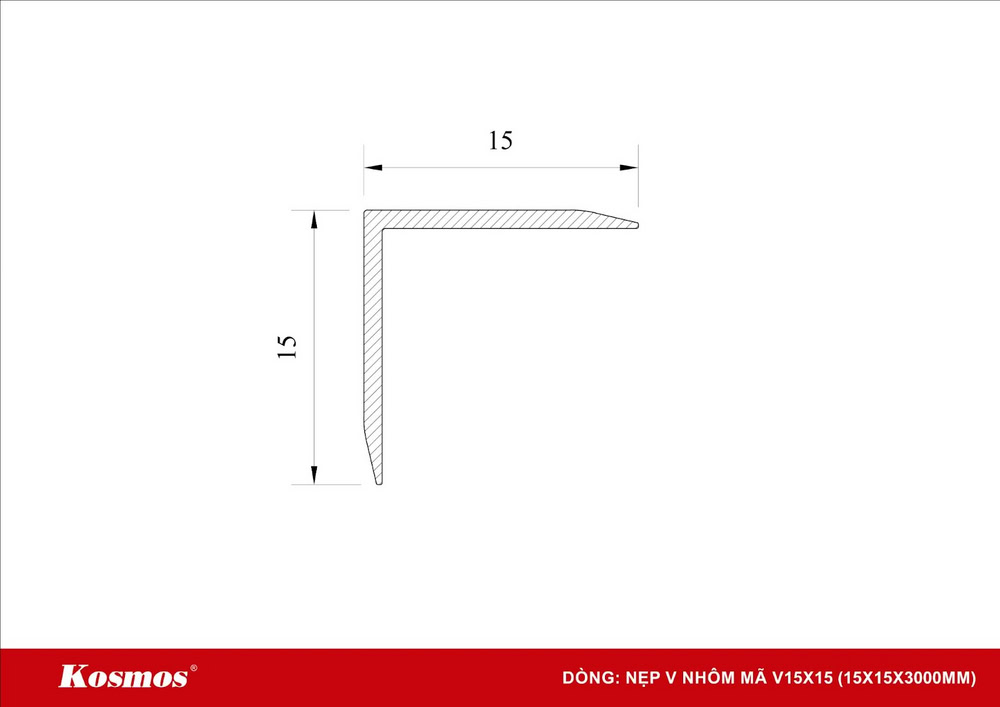 Mặt cắt nẹp nhôm chữ V 15x15mm Kosmos Mặt cắt nẹp nhôm chữ V 15x15mm Kosmos