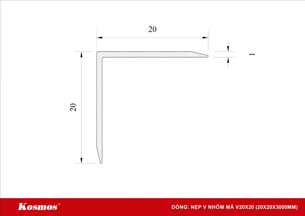 Mặt cắt nẹp nhôm chữ V 20x20mm Kosmos Mặt cắt nẹp nhôm chữ V 20x20mm Kosmos