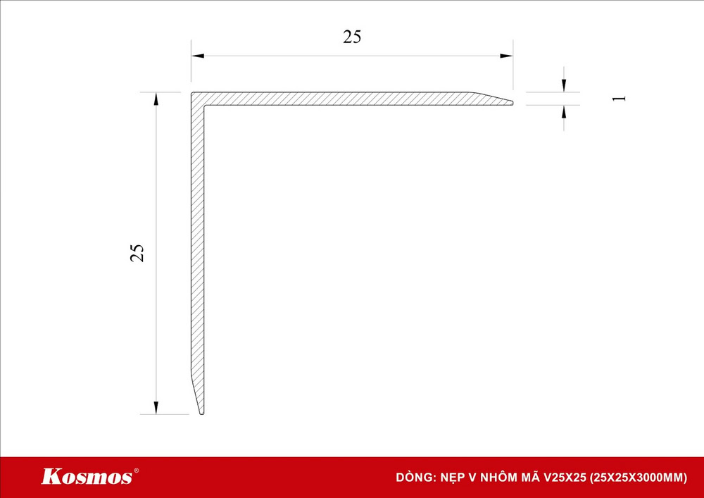 Mặt cắt nẹp nhôm chữ V 25x25mm Kosmos Mặt cắt nẹp nhôm chữ V 25x25mm Kosmos