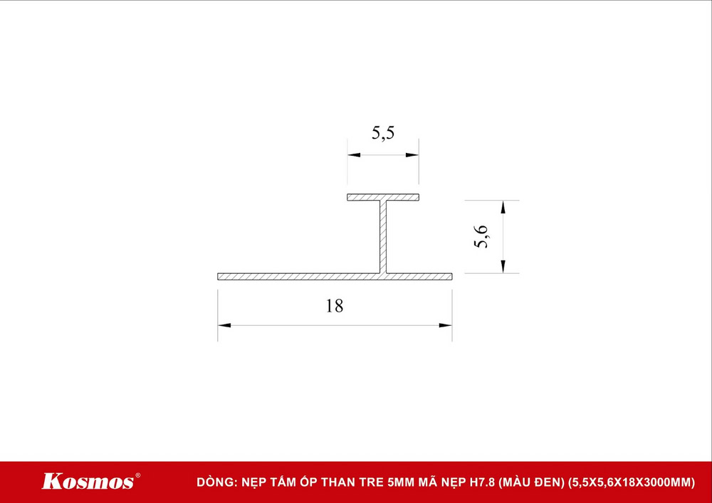 La sección transversal de la tira de moldura de aluminio negro H7.8 tiene un ancho superior de 5,5 mm.