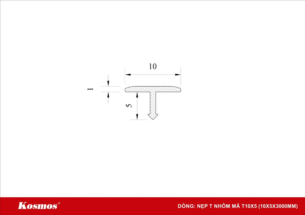 Mặt cắt nẹp T nhôm 10x5mm