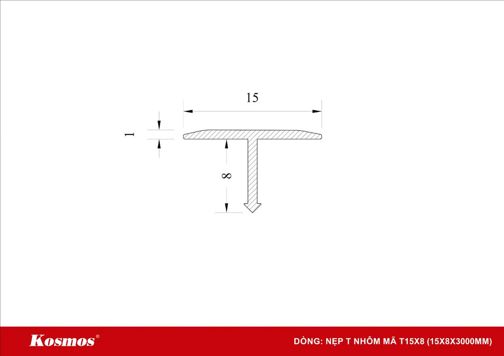 Mặt cắt nẹp T nhôm 15x8mm