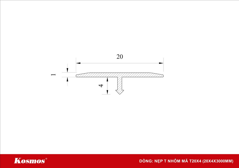 Mặt cắt nẹp T nhôm 20x4mm Mặt cắt nẹp T nhôm 20x4mm