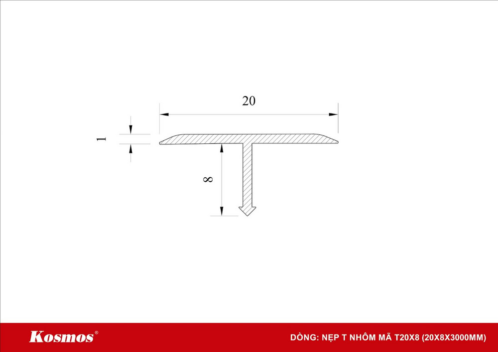 Mặt cắt nẹp T nhôm 20x8mm Mặt cắt nẹp T nhôm 20x8mm