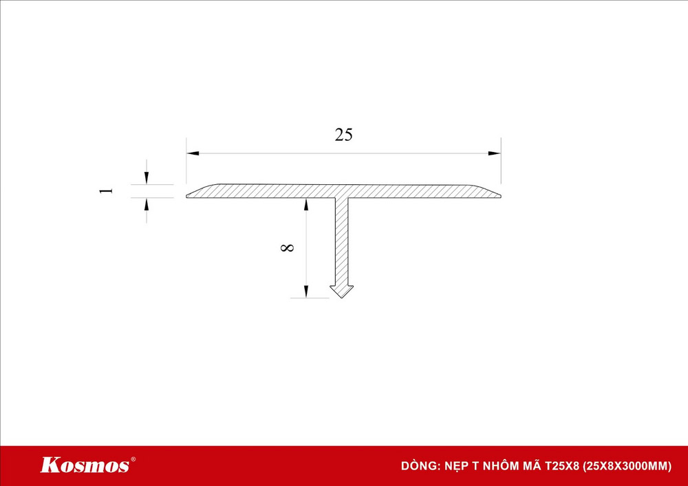 Mặt cắt nẹp T nhôm 25x8mm