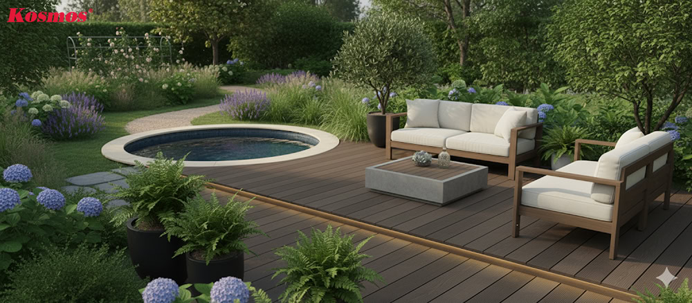 Mẫu gỗ nhựa lát sàn sân vườn tích hợp đèn led hiện đại
