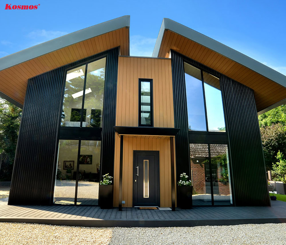 Mẫu gỗ nhựa ốp mặt tiền kết hợp kính