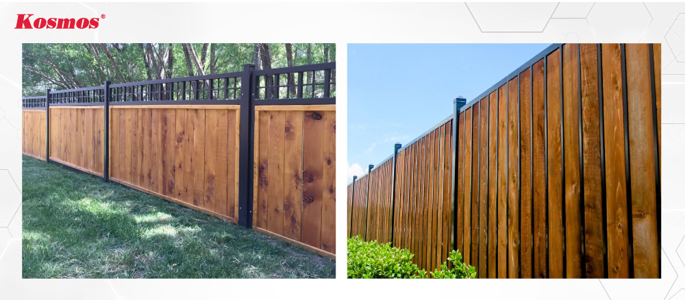 Mẫu hàng rào gỗ kết hợp thanh kim loại hiện đại, phong cách công nghiệp Mẫu hàng rào gỗ kết hợp thanh kim loại hiện đại, phong cách công nghiệp