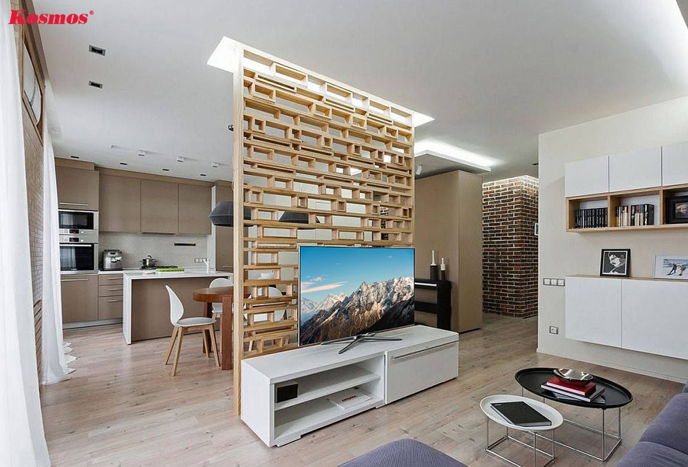 Mẫu kệ tivi gỗ làm bức vách ngăn phòng khách hiện đại