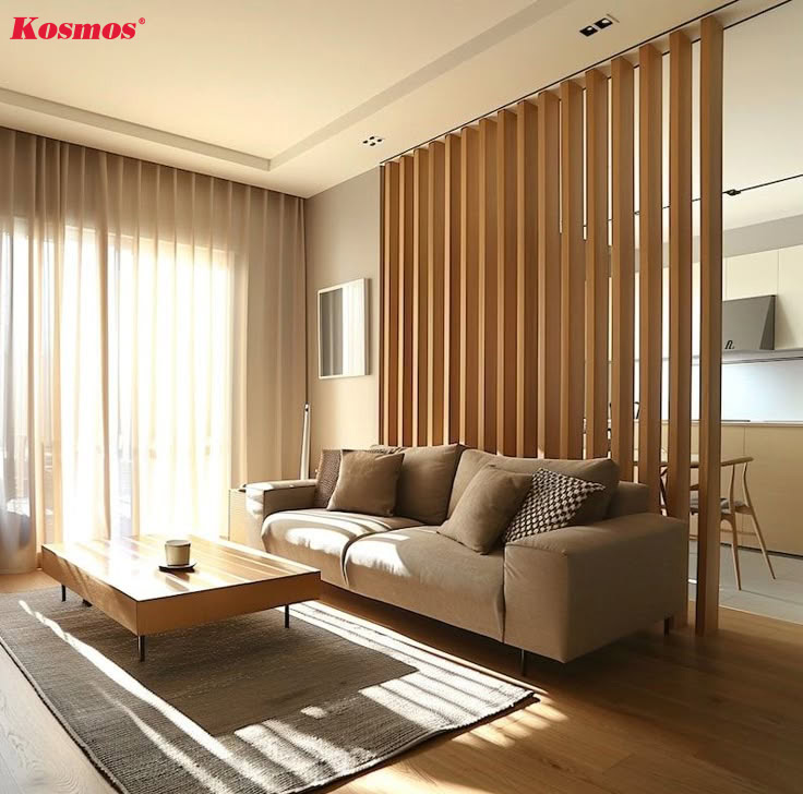 Mẫu lam gỗ chia phòng khách và khu bếp tiện lợi