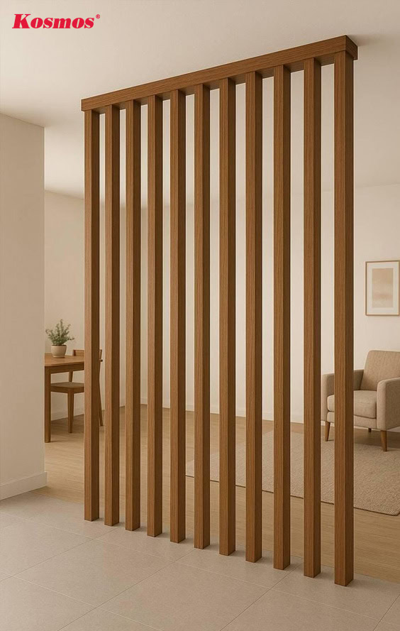 Mẫu phòng khách chia không gian bằng lam gỗ hiện đại