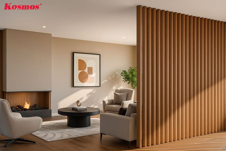 Mẫu phòng khách công trình ngăn không gian bằng lam gỗ