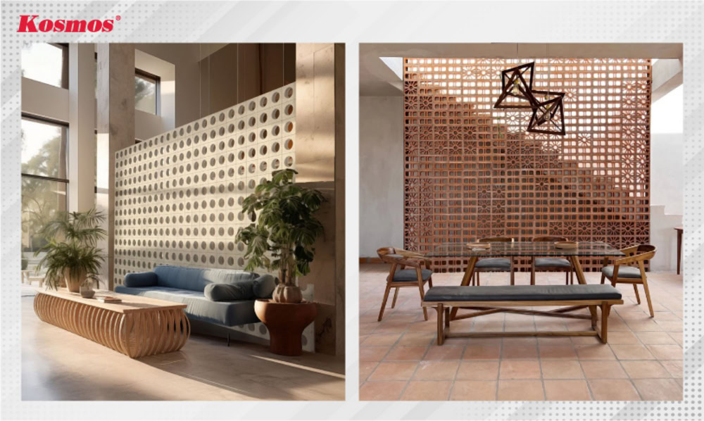 Mẫu phòng khách ngăn không gian bằng vách gạch bông gió