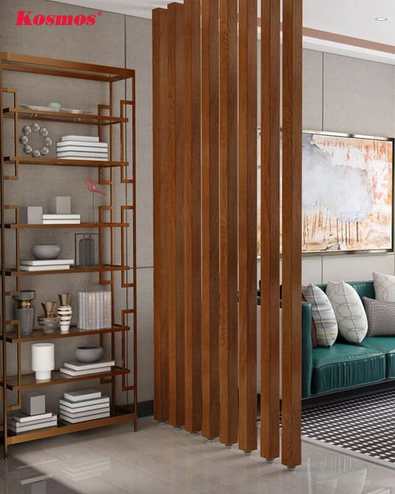 Mẫu phòng khách phân không gian bằng lam gỗ óc chó