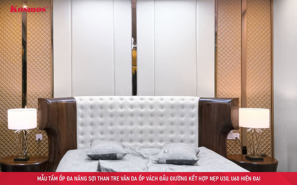 Mẫu tấm ốp đa năng sợi than tre vân da ốp vách đầu giường kết hợp nẹp đẹp