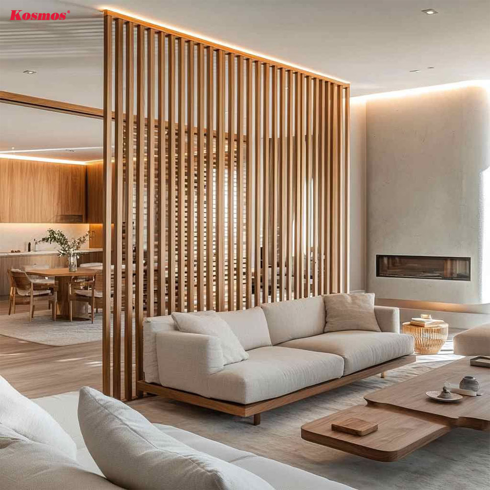 Mẫu thanh lam gỗ phân chia phòng khách và bếp
