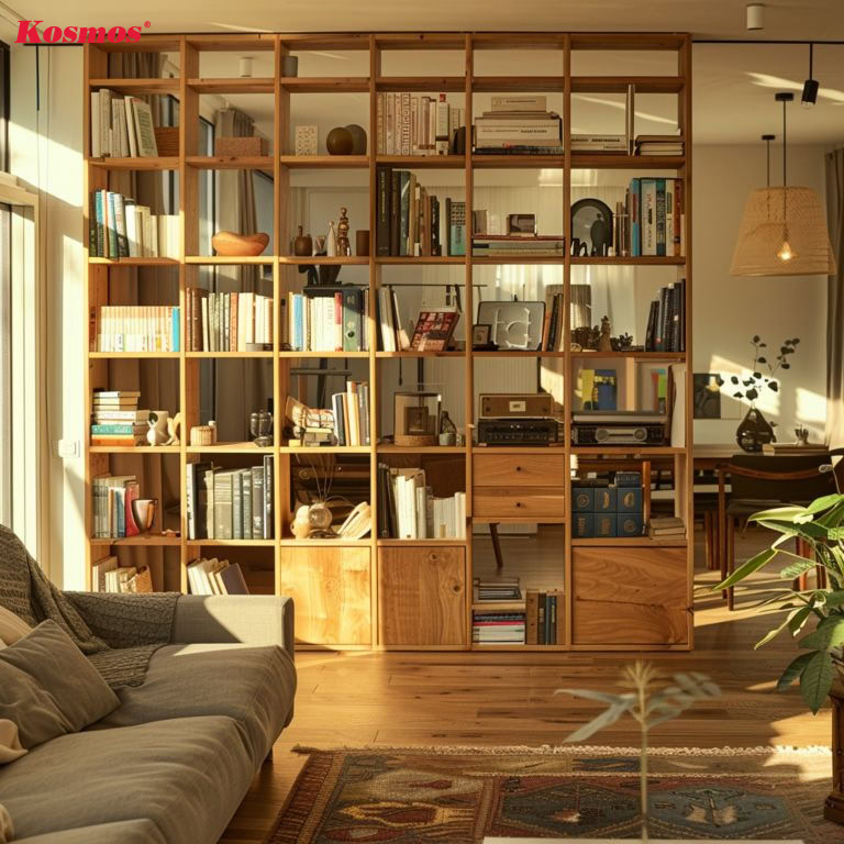 Mẫu tủ gỗ trưng bày ứng dụng làm vách ngăn phòng khách