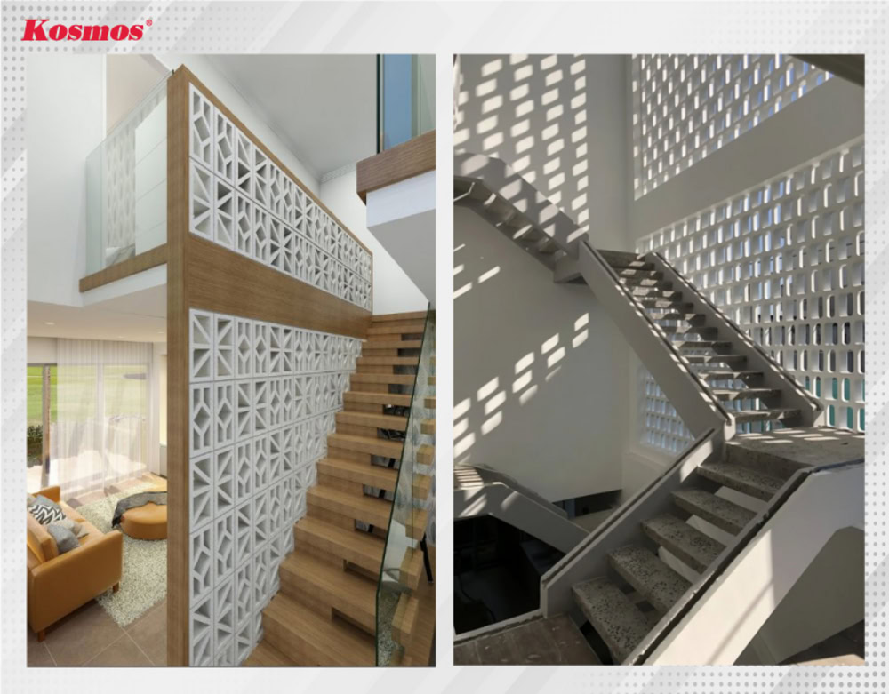 Mẫu vách cầu thang bằng gạch bông gió đón nắng, gió hiệu quả