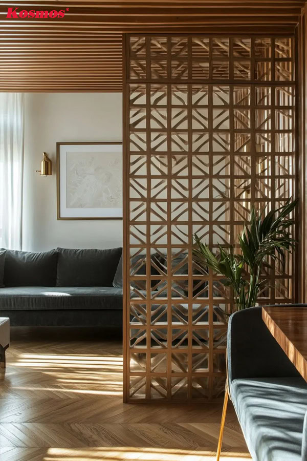 Mẫu vách ngăn gỗ gia công CNC phòng khách tinh xảo