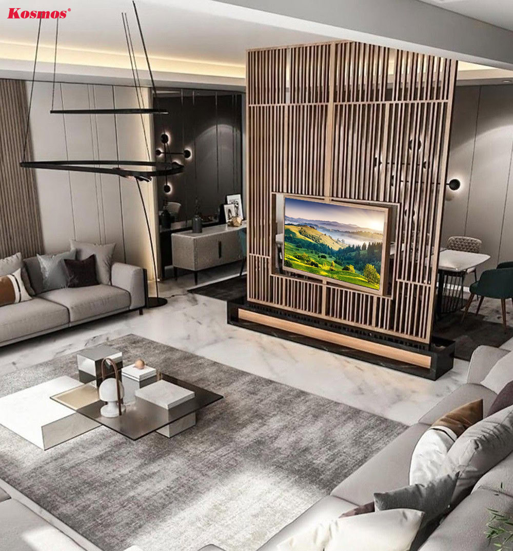 Mẫu vách ngăn gỗ kết hợp kệ tivi sang trọng