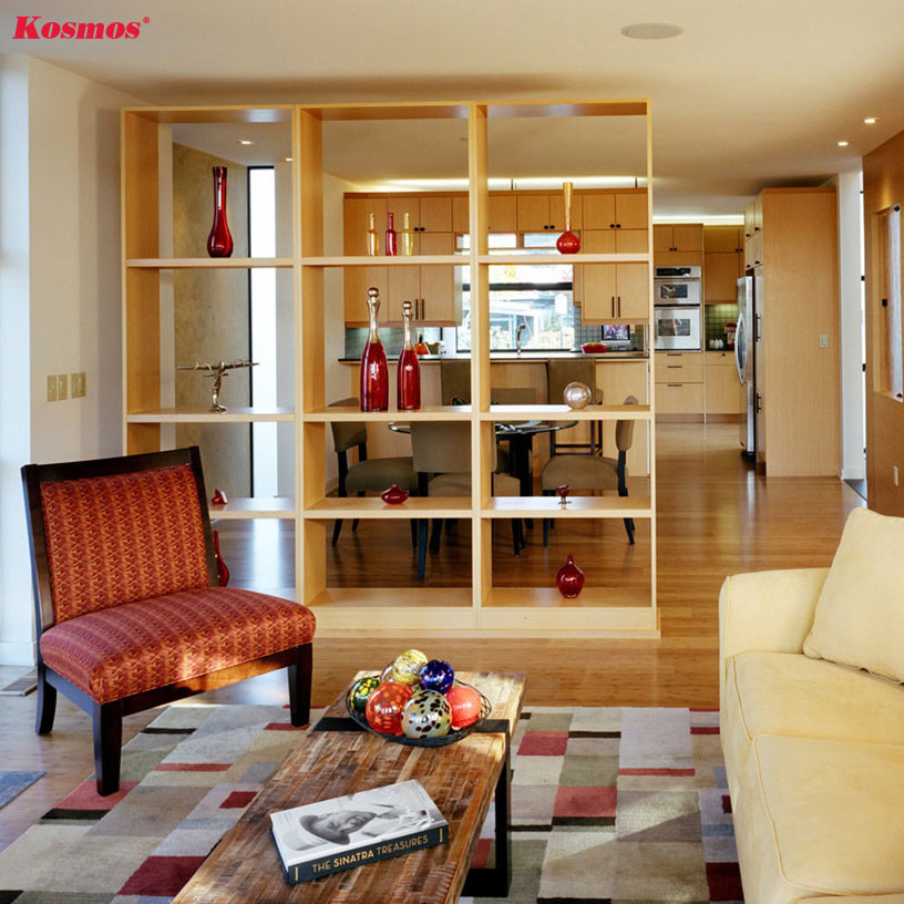 Mẫu vách ngăn gỗ kết hợp tủ rượu chia không gian phòng khách