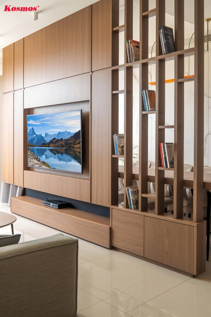 Mẫu vách ngăn gỗ tự nhiên kết hợp kệ tivi sang trọng