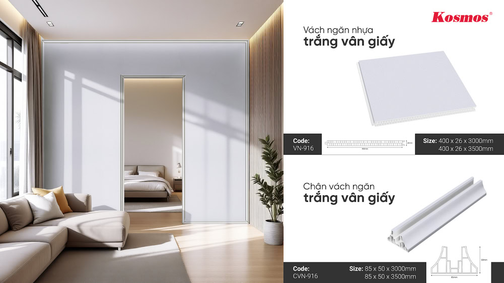 Mẫu vách ngăn nhựa 2 mặt trắng vân giấy Galawood