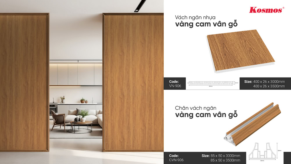 Mẫu vách ngăn nhựa 2 mặt vàng cam vân gỗ Galawood