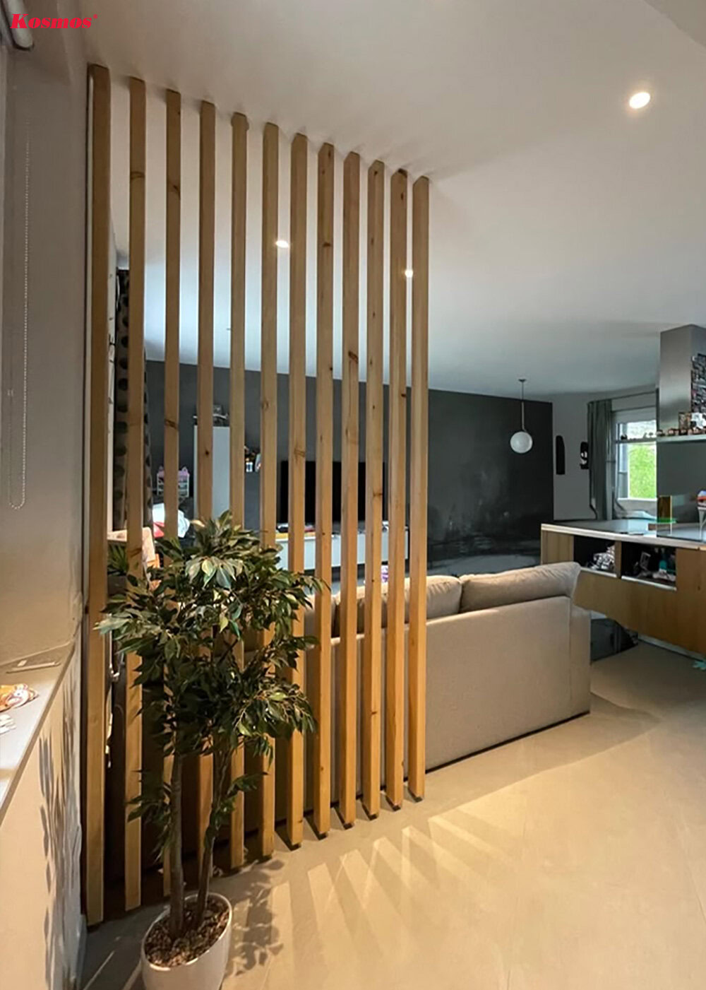 Mẫu vách ngăn phòng khách bằng thanh lam gỗ