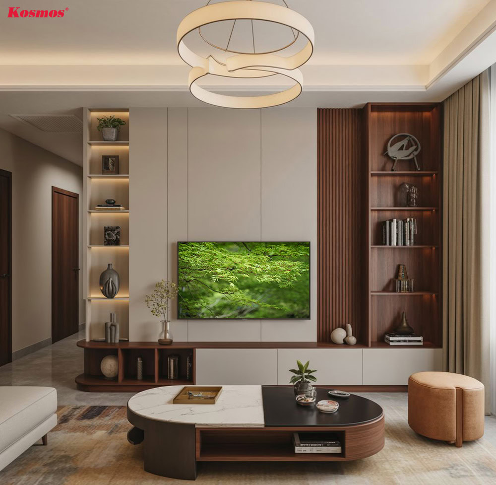 Mẫu vách tivi gỗ kết hợp tủ trang trí chia không gian phòng khách