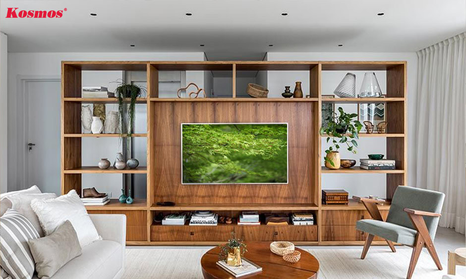 Mẫu vách tivi ứng dụng chia không gian phòng khách