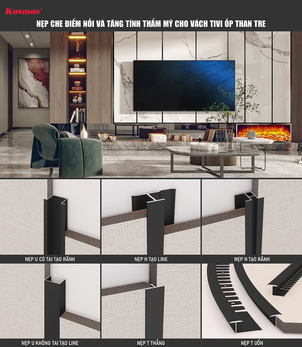 Nẹp che điểm nối và tăng tính thẩm mỹ cho vách tivi ốp than tre Nẹp che điểm nối và tăng tính thẩm mỹ cho vách tivi ốp than tre